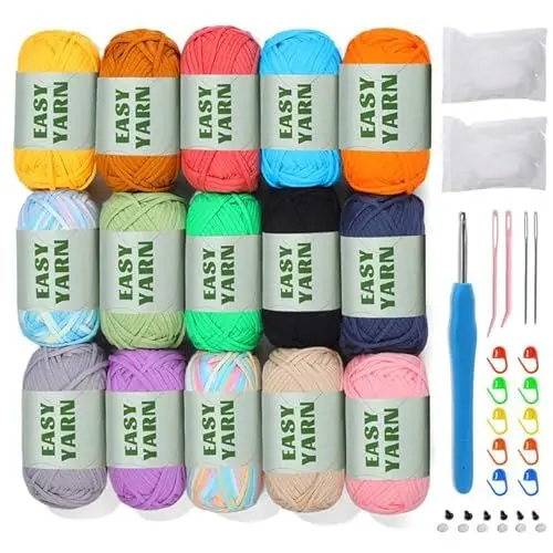 Produktbild: 15 X 50g Häkelwolle Baumwolle Häkelgarn Dicke Wolle zum Häkeln, Easy Crochet Yarn Cotton Häkelgarn Chenille Wolle zum Häkeln Dicke Wolle gut Sichtbare Maschen, Wolle zum Häkeln mit Häkelnadel 4mm