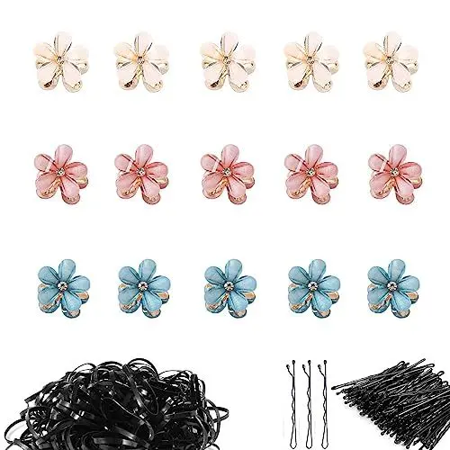 Produktbild: 15 Stück Mini Diamant Haarspangen, Süße Mini-Haarspangen, Mini Blumen Haarspange, Mit 50-schwarzen Mini-Haarbinder und 50-schwarzen Metallhaargriffe Clips (Weiß+Rosa+Blau)