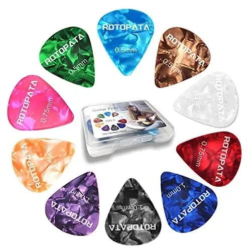 Produktbild: 15 Stück Plektrum mit 0,5 0,75 1,0 mm Dicke für Bass E Gitarre Ukulele Akustikgitarre, Mehrfarben Plektren Gitarre, Zelluloid Gitarren Plektrum Inklusive Guitar Picks Organizerbox