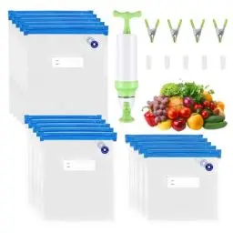 Produktbild: 15 Stück Vakuumbeutel Lebensmittel mit Ventil Reißverschluss Sous Vide Beutel mit Pumpe Vakuum Beutel 3 Größen 5 Verschlussklammern und 4 Sous Vide-Clips zur Aufbewahrung von Lebensmitteln
