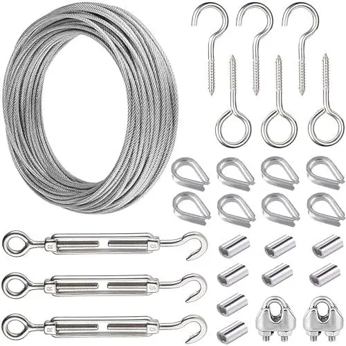 Produktbild: 15 m Gartendraht-Pergola-Kits, robuste Bilder-Aufhängung, Edelstahl-Kabelgeländer, Metalldrahtseilklemmen, Hülsen, Haken, Spannschloss, Spalier für Kletterpflanzen (28 Stück)…