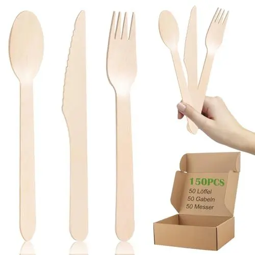 Produktbild: 150 Stück Einwegbesteck Set, Holzgabeln, Holzmesser und Holzlöffel, Kunststofffrei Biologisch Abbaubar,Holzbesteck Einweg, Camping, Reisen und Grillen for Camping, Reisen und Grillen