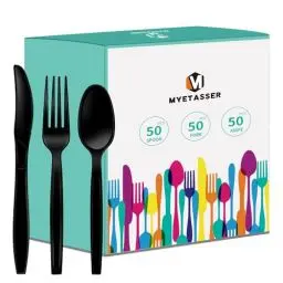 Produktbild: 150 Stück Plastikbesteck, Strapazierfähiges Besteck Set aus Kunststoff, Familienfeiern, schwarz, Wiederverwendbar, Partyutensilien