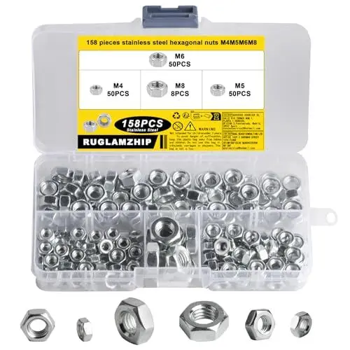 Produktbild: 158 STK M4 M5 M6 M8 Muttern, Sechskantmuttern, DIN 934 Standard A2 V2A Edelstahl Sicherungsmuttern, Selbstsichernde Muttern Stopmuttern, Edelstahlmuttern für Gewindestange Schrauben - M4 M5 M6 M8