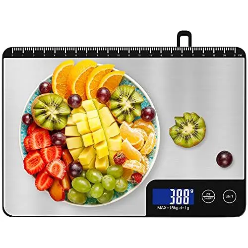 Produktbild: 15kg Digitale Küchenwaage mit Lineal, Diyife Professionelle Digital Electronische Waage, Haushaltswaage aus Edelstahl, LCD-Anzeige, aufhängbar, 6 Einheiten, Tara-Funktion, mit Batterien