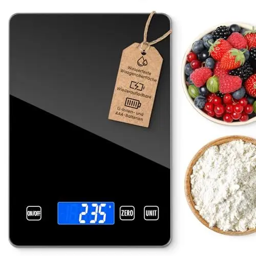 Produktbild: 15kg/33lb Küchenwaage Digital,Wiederaufladbar Waage küchenwaage mit Großem LCD-Display und Tara-Funktion,Wasserdicht Elektronische Digitalwaage,Hochpräzise 1g, mit Großer Glas Wiegefläche-Schwarz