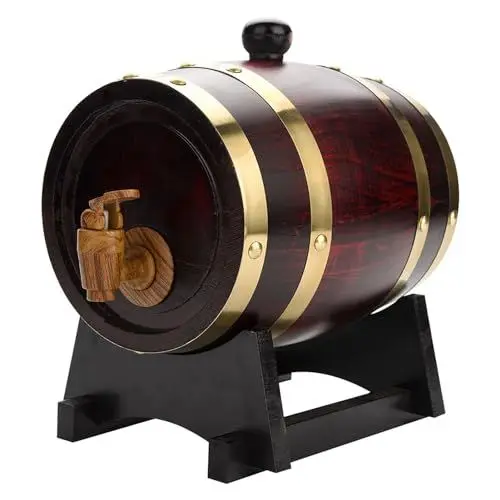 Produktbild: 1.5L Weinfass aus Eichenholz, Eichenweinfass mit Leichter Dispenser Kunststoffhahn, Handgefertigter Ständer, für Lagerung von Wein Brandy Whiskey und Tequila