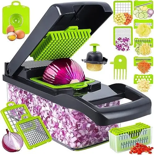 Produktbild: 16 In 1 Gemüseschneider, Gemüse Schneider, Mandoline Gemüsehobel, Würfelschneider mit 7 Austauschbare Klingen Vegetable Chopper für Hobeln Von Obst Gemüse, Karotte, Kartoffel, Knoblauch (Grau)