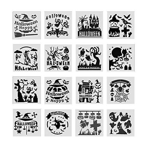 Produktbild: 16 Stück Halloween Zeichenschablonen Schablonen Wiederverwendbare Anti-Break-Malschablonen Party Home Decoration Supplies Malschablonen für Leinwand Holz Kinder Erwachsene Halloween