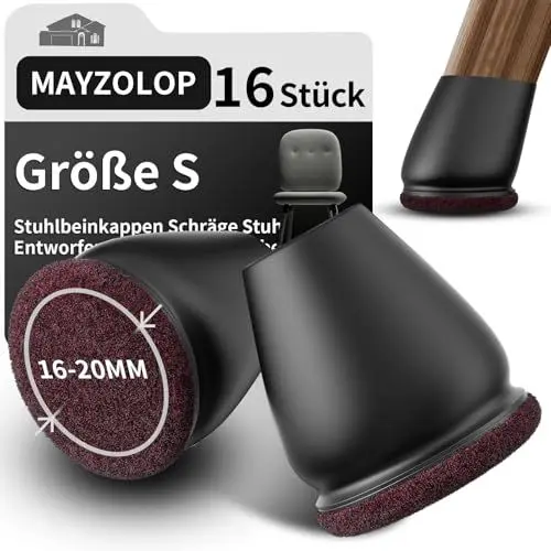 Produktbild: 16 Stück Schutzkappen für Stuhlbeine, Stuhlbeinkappen mit Filz für gerade und schräge Stuhlbeine, filzgleiter, Möbelmatte Für Hartholzböden Rund Schwarz