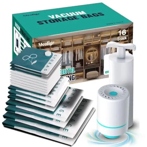 Produktbild: 16 Stück Vakuumbeutel für Kleidung Bettdecken mit Elektrische und Handpumpe(2 Jumbo/2 Groß/3 Mittel/3 Klein/6 Rollen),Wiederverwendbar Vacuum Bags für Lagerung mit Bettwäsche Kissen,Umzug und Reise