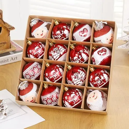 Produktbild: 16 Stück Weihnachtskugeln Kunststoff Set, Christbaumschmuck Wetterfeste Weihnachtsbaumkugeln Mini Kugeln Weihnachtsbaumschmuck mit Schlüsselband, Rot Weiß