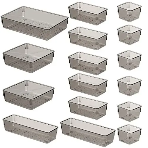 Produktbild: 16 Stücke Schubladen Ordnungssystem, 5-Größen Aufbewahrungsbox Stoffkisten Schubladeneinsatz Schubladen Make-up Organizer, Trennfächer Tabletts Container Schublade für Schminktisch Küche Badezimmer