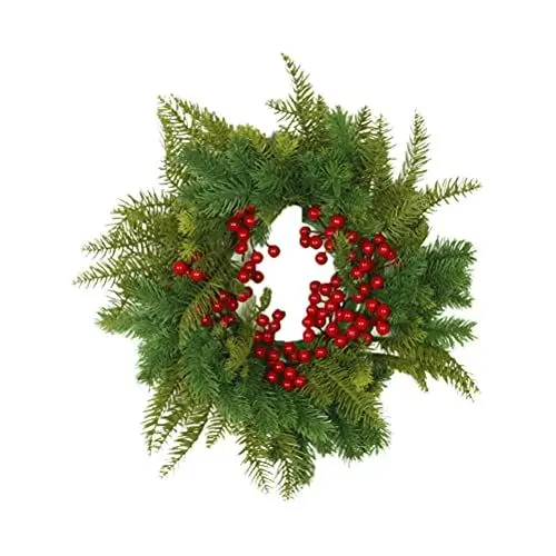 Produktbild: 16 Zoll Weihnachtskranz mit 2 M Langen LED Lichtern, warmweiß, Handgefertigte Tannenzapfen, Rote Früchte, Hängende Kugeln, für Kamin und Treppendekorationen