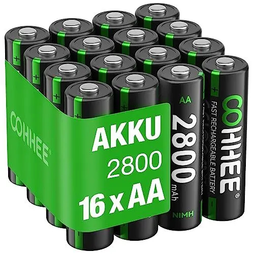 Produktbild: 16 x AA NI-MH Akkus, wiederaufladbare AA Batterien, 1.2v Mignon AA Akku, 2800mAh hohe Kapazität, geringe Selbstentladung, mit Batterie Schutzbox