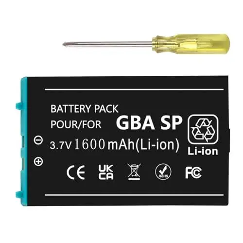 Produktbild: GBA SP Akku für Nintendo Gameboy Advance SP AGS-001, AGS-003, AGS-101 Modell Spielkonsole, 2025 Neu Aufgerüstet 1600mAh Ultra-Hohe Kapazität Hohe Leistung Li-Ionen Ersatzakku mit Reparatur Werkzeug