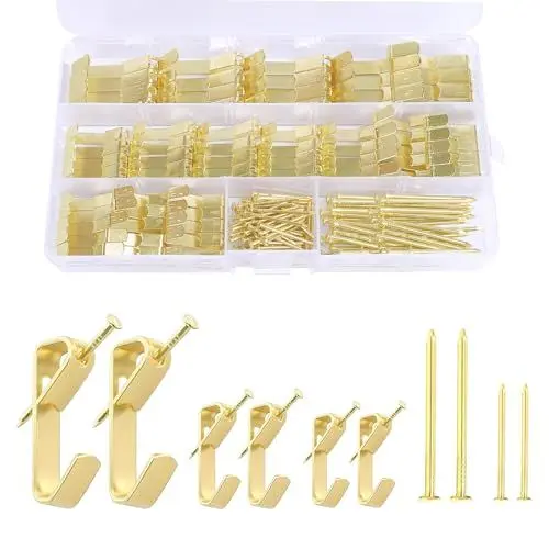 Produktbild: 164 Stück Bilderhaken zum Schrauben Bildaufhänger für Schwere Bilder Gold Bilderhaken mit Nägeln Bilderhaken zum Nageln mit Aufbewahrungs Box für Schwere Bilder Fotorahmen Spiegeln Kleidung