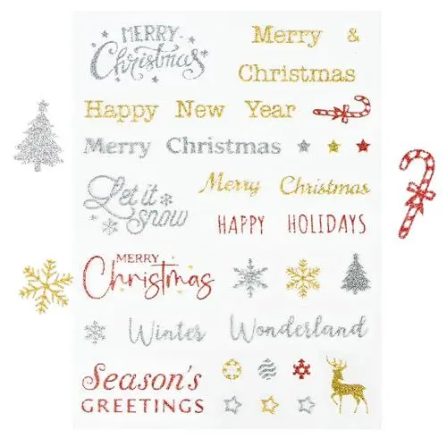 Produktbild: 165 Stück Sticker Glitzer Merry Christmas Happy New Year Schneeflocken Aufkleber Weihnachts Etiketten Gold Silber Rot Selbstklebend zum Basteln Weihnachten Geschenk Deko Xmas Weihnachtsdeko