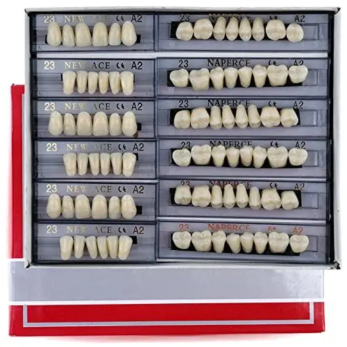 Produktbild: 168 Stück falsche Zähne Dental Komplette Acrylharz Zahnprothesenzähne, 23 Farbtöne A2 Obermaterial+untere Zahnmaterialien für Ersatz, DIY oder Halloween