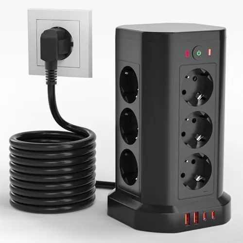 Produktbild: 16-IN-1 Steckdosenleiste mit USB Mehrfachsteckdose Überspannungsschutz mit Schalter, 12 Fach Steckdosenturm mit 2 USB-C und 2 USB-A für Büro Küche Tisch