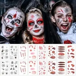 Produktbild: 17 Blatt Halloween Tattoo Kinder, Narben Wunde Spinnen Gesicht Tattoos Zubehör, Erwachsene Kinder Teufel Zombie Vampir Kostüm Accessoires Aufkleber, Halloween Mitgebsel Party Spiele Geschenke