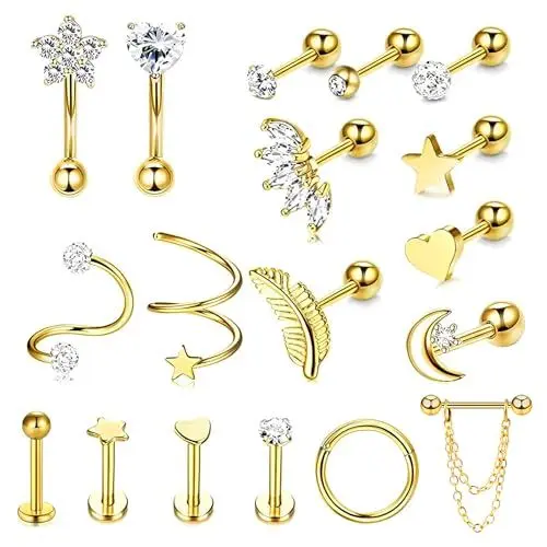 Produktbild: 18 Stück 16G Knorpel Ohrstecker, Helix Piercings für Damen, Hypoallergene Knorpel Huggie Hoop Ohrringe, Damen Tragus Piercing, Piercing Ohr Schmuck, Feder Herz Stern Creolen Ohrringe