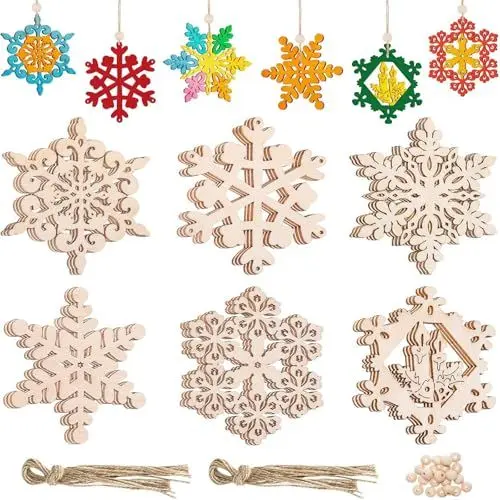 Produktbild: 18 Stück Weihnachten Holzanhänger Schneeflocken Weihnachten Deko, Schneeflocke Christbaumschmuck Holz DIY Basteln für Weihnachten Deko Geschenkanhänger