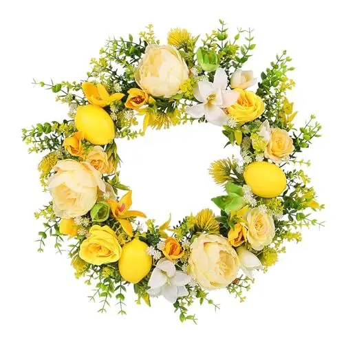 Produktbild: 18 Zoll Gelber Zitronen-Rosen-Kranz für die Haustür, Frühling, Sommer, Zitronen-Eukalyptus-Kranz, Rustikaler Bauernhaus-Türkranz für Drinnen und Draußen, Fenster, Wanddekoration
