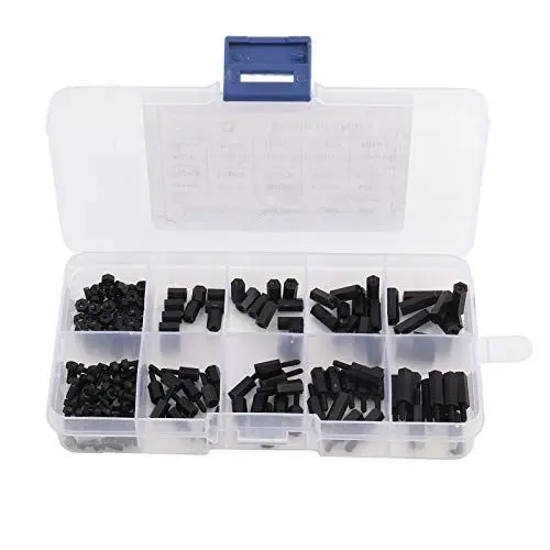 Produktbild: 180 Stück Abstandsschrauben M2 Schrauben, Nylon Schraube M2 Mutter Sechskant Männlich M2 Abstandshalter Weiblich, Abstandshalter Schrauben Set Sortiment Kit mit Box, Distanzhülsen Schwarz