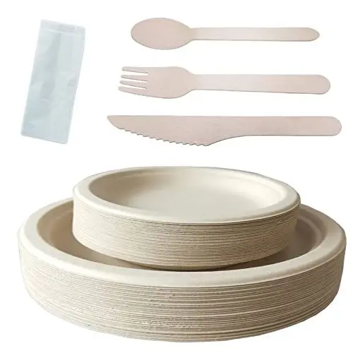 Produktbild: 180 Stück Pappteller und Einweggeschirr set Kompostierbares Beinhaltet Biologisch Abbaubare Einwegteller 17,8 & 25,4 cm, Gabeln, Messer, Löffel und Servietten für Party, Camping, Urlaub