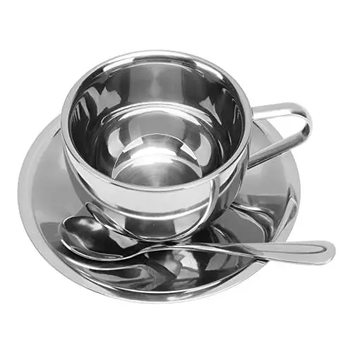 Produktbild: 180 ml isoliertes Kaffeetassen-Set, Kaffeetassen-Set aus Edelstahl, 2-wandige Tassen, Teetasse mit Untertassenlöffel, Espresso, Latte, Cappuccino, Milch, Teetasse mit