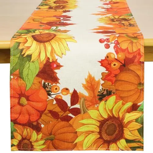 Produktbild: 183 x 33 cm Herbst Tischläufer Kürbisse Sonnenblumen Ahornblatt Herbstlicher Läufer Leinenoptik Tischdecke Dekoration Tischband für Erntedankfest Herbstdekoration Thanksgiving (Kürbisse Sonnenblumen)