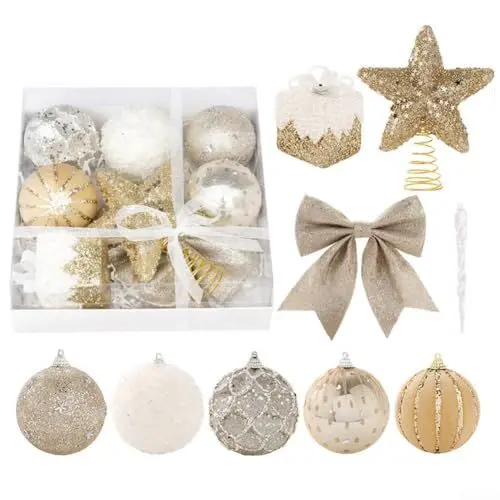 Produktbild: 18-teiliges Weihnachtskugel-Set, bruchsicher, PET, dekorative Weihnachtsbaumkugeln, glitzernde Schleife und Baumspitze für Urlaub, Hochzeit, Party-Dekoration (Gold)