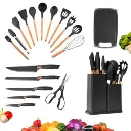 Produktbild: 19 Teiligs Silikon Küchenhelfer Set,Küchenutensilien Set, Kochbesteck Set, Kochlöffel Set, Kratzfest & Hitzebeständig, Ungiftig & Spülmaschinenfest (Schwarz))