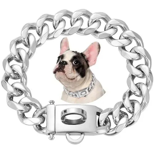Produktbild: 19mm Breite Rostfreier Stahl Hundehalsband Metall Hundehalsband Hundekette Halsbänder Pet Training Walking Halsband (Silbrig,55cm)