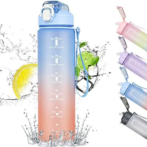 Produktbild: CodiCile Trinkflasche 1L,Trinkflasche mit Strohhalm und Zeitmarkierung, auslaufsichere 1L Wasserflasche mit Deckel, BPA-freie Trinkflasche sport für Sport, Büro, Fahrrad, Laufen (blauer Farbverlauf)