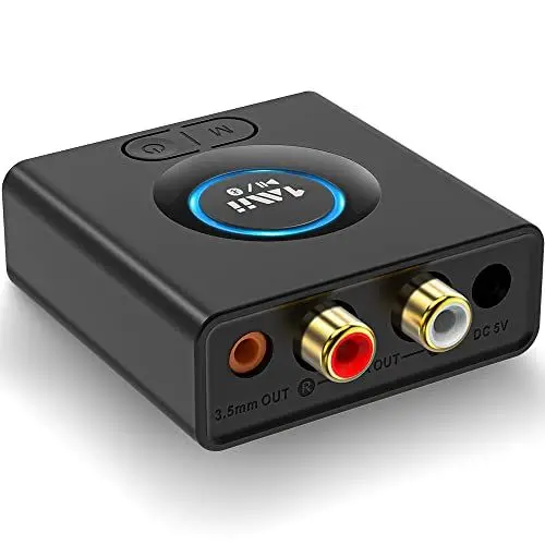 Produktbild: 1Mii Bluetooth 5.0 Empfänger, Bluetooth Audio Adapter fürs Musik-Streaming-Sound System, drahtloser Audioadapter mit 3.5mm RCA für Lautsprecher Stereoanlage, Bass-Modus, 12 Stunden Spielzeit