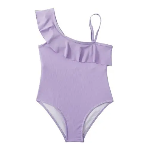 Produktbild: 1-Schulter Badeanzug für Mädchen einfarbiges Rüschen gerüscht Kinder-Bademode mit Verstellbare Schultergurte Sommer Strandkleidung Rüschenriemen Badebekleidung Sonnenschutz Bekleidung 5-12 Jahre
