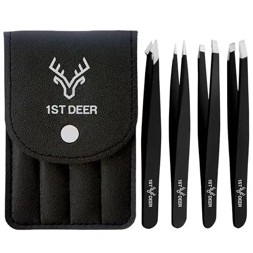 Produktbild: 1st Deer Pinzette Set, 4-teiliges Präzisions-Pinzetten aus Edelstahl zum Augenbrauenzupfen Gesichtshaarentfernung – Zupfpinzette für eingewachsene Haare, Mitesser und Zeckenentfernung (Schwarz)