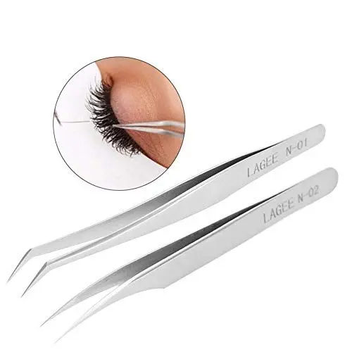 Produktbild: 2 Arten Wimpern Pinzette aus Edelstahl, Anti-Statik Wimpernpinzette für Wimpernverlängerung und Nageldesign, Gebogene Pinzette + Gerade Pinzette mit Schutzhülle(2 Stück)