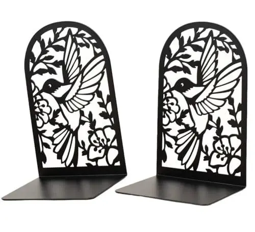 Produktbild: (2, Black) Deefongo 2 Stück Buchstütze,Buchstützen Metall Bücherhalter Bookends,Schwere Buchstütze,Schwarzes Bücherregal mit floralem Design