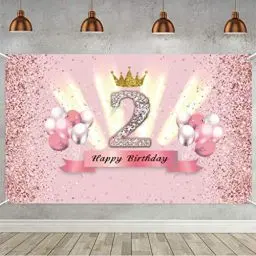 Produktbild: 2. Geburtstag Banner 2 Geburtstag Deko Rosegold Party Dekoration Mädchen, Stoff Schild Poster 2. Jahrestag Party Krone Geburtstagsbanner Tischschmuck Plakat, Glitzern Rosa