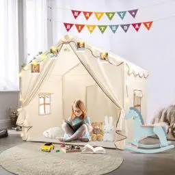 Produktbild: 2 IN 1 Kinderzelt, Kinder Spielhaus Indoor mit Matte und Lichtern, Kinder Bettzelt,Spielzelt für Drinnen,Prinzessin Zelt, Kinderspielhaus, Kuschelecke Kinderzimmer Dekor ab 3 Jahre