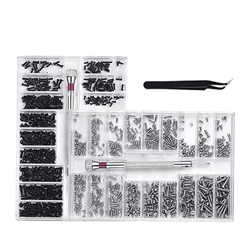 Produktbild: 2 Kartons Kleine Schrauben Set,1000 Stück M3.5 M4 Mikroschrauben Kohlenstoffstahl Schrauben mit Schraubendreher Pinzette Zubehör für Reparatur Uhr, Brillengestelle, Notizbücher usw(Silber/Schwarz)