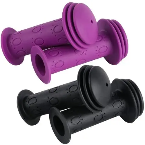 Produktbild: 2 Paar/4 Stk Kinderfahrrad Griffe,Fahrradgriffe Kinder 22mm, Lenkergriffe Fahrrad Kinder, Scooter Griffe, Gummi Grips für Roller Dreirad Laufrad Kinderfahrrad Prallschutz Zubehör （schwarz und lila）