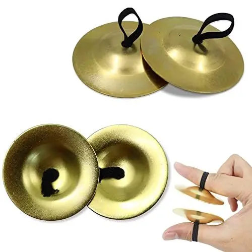 Produktbild: 2 Paar Finger Becken Messing, Fingerzimbeln, Finger Becken Musikinstrument Handbecken mit elastischen Band, Bauchtanz Finger Messing Musikinstrument Rhythm Maker für Tänzer Ball Party
