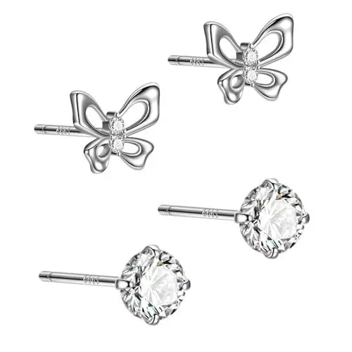 Produktbild: 2 Paar Ohrstecker Sterling Silber Ohrringe, Zirkonia Kleine Ohrringe Set, Ohrstecker Silber Rhodiniert, Funkelnde Zirkonia Ohrstecker für Damen Herren (A)
