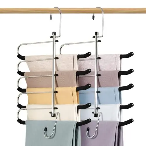Produktbild: 2 Pack Kleiderbügel Platzsparende Hosenbügel - Upgrade Anti-Rutsch-Hosenbügel mit Schaumstoff gepolstert Swing Arm Kleiderbügel mehrere Lagen Closet Organizer und Lagerung für Hosen, Schal, Krawatte