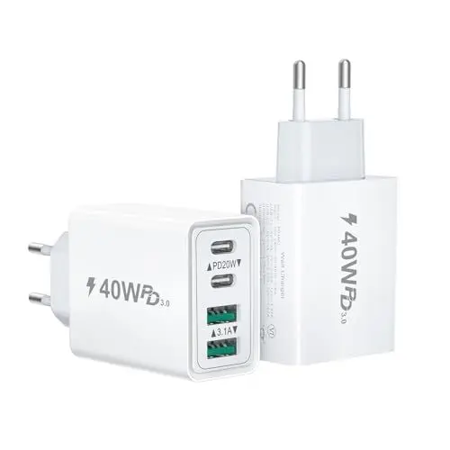 Produktbild: (2 Pack) USB C Ladegerät, 40W 4-Port Netzteil Mehrfach Ladegerät für iPhone 16 15 Pro Max 14 13 12 11, Samsung S24 23, Pixel, Schnellladegerät Stecker Charger Ladestecker Ladeadapter