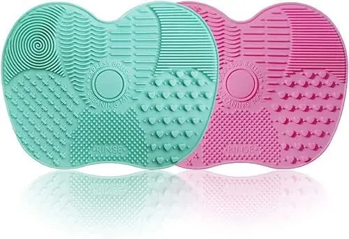 Produktbild: 2 Packungen Make-up Pinsel Reinigungsmatte, Silikon Makeup Pinsel Reiniger, Reinigungspad und Schrubber mit Saugnapf, Tragbares Waschwerkzeug (Rosa & Grün)